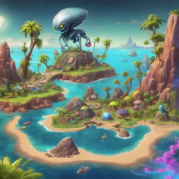 Alien island cartoon background very cool