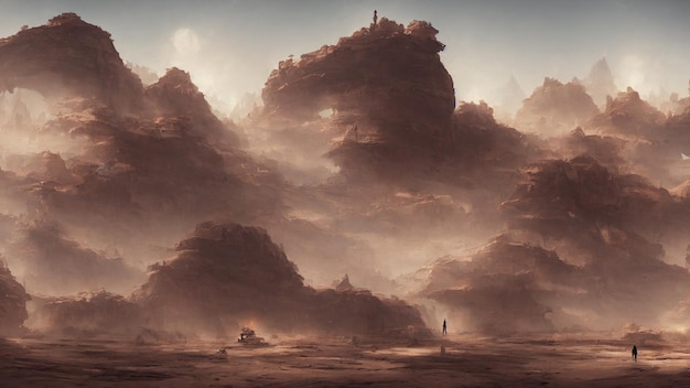 Инопланетный пейзаж панорама поверхности другой планеты 3D рендеринг