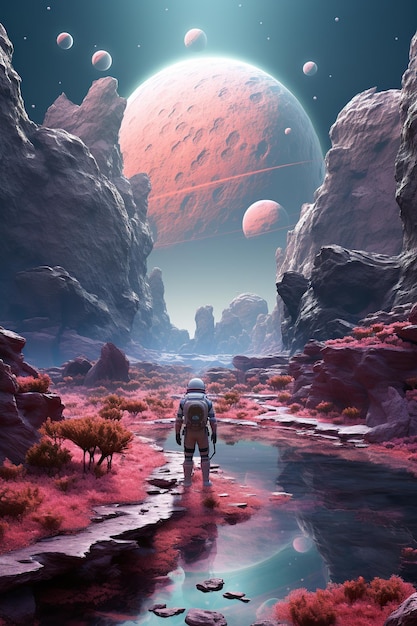 An alien landscape with floating rocks and plants with a single astronaut exploring the scene