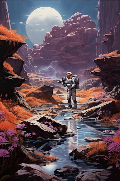 An alien landscape with floating rocks and plants with a single astronaut exploring the scene