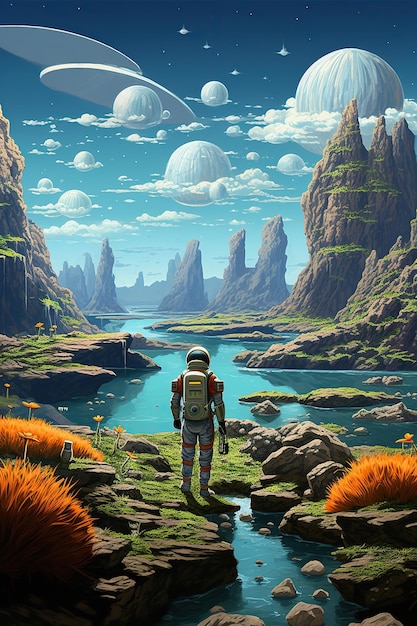 An alien landscape with floating rocks and plants with a single astronaut exploring the scene