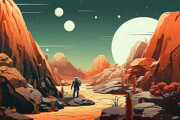 An alien landscape with floating rocks and plants with a single astronaut exploring the scene