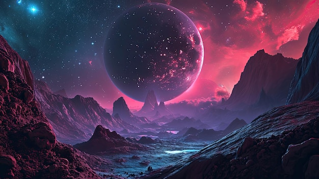 Alien Landscape With Mountains and Planets in Background