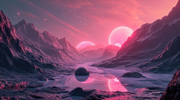 Alien Landscape With Mountains and Planets in Background