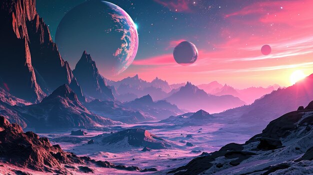 Alien Landscape With Mountains and Planets in Background