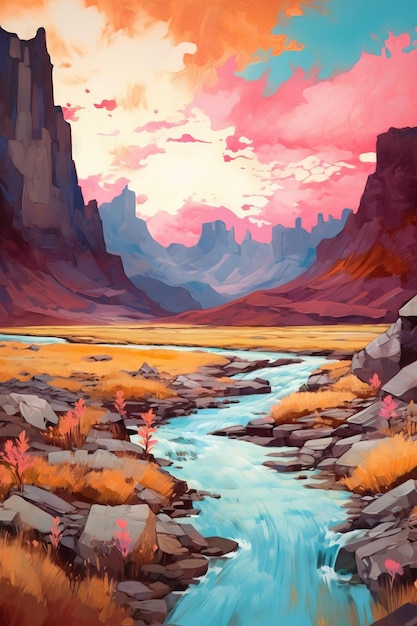 An alien landscape with red grass and a river