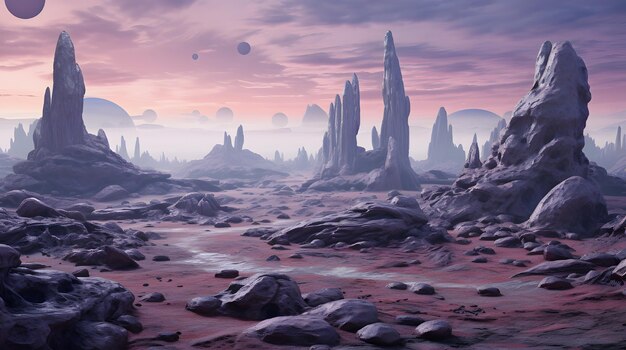 An alien landscape with unusual rock formations and a purple sky