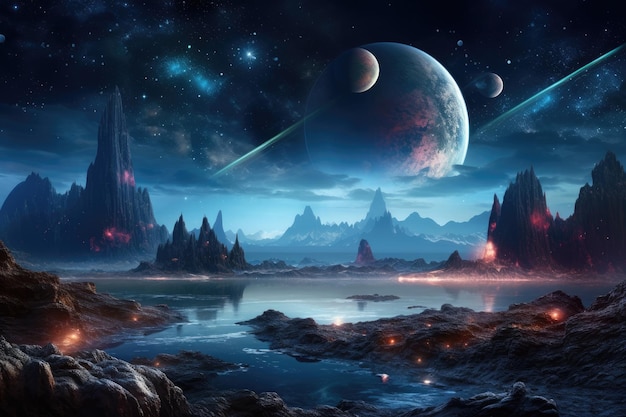 Alien landschap fantasy planeet nachthemel met sterren op de achtergrond Generatieve AI inhoud