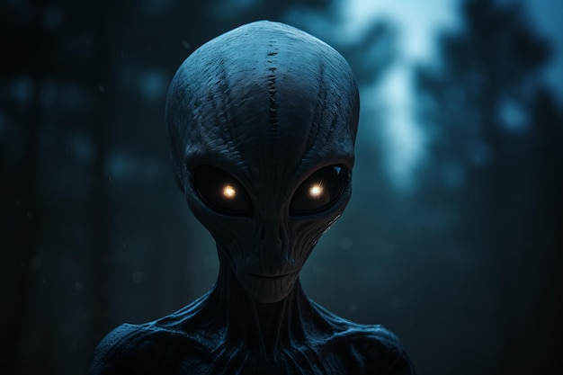 an alien looking at the camera in a dark forest