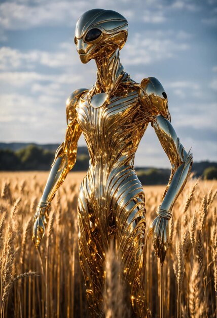 Photo alien made of gold and metal in a field of whear