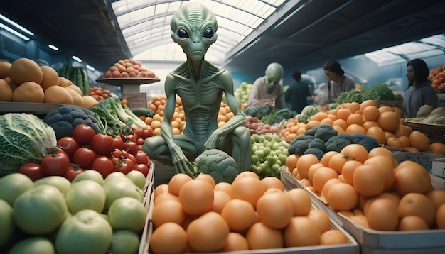 Foto mercato alieno dove si possono comprare strani frutti e verdure dallo spazio