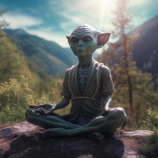 alien meditating in nature