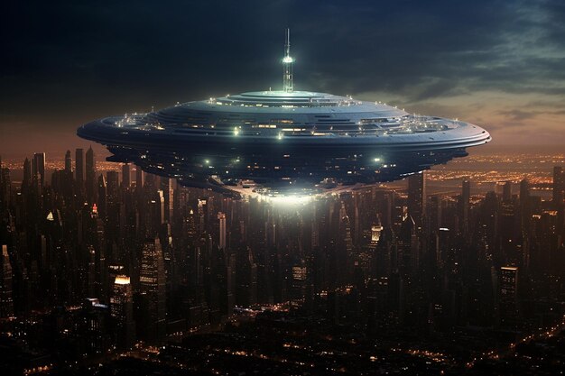 Photo alien mothership looming over a futuristic city with buildings dwarfed by its size