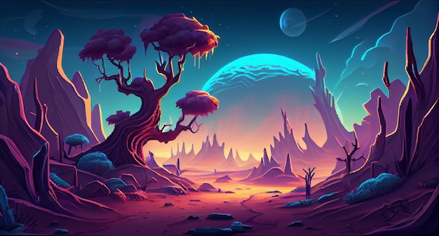 Photo alien planet 2d background environment for a mobile game a high quality horizontal background landscape gaming template design location generative ai