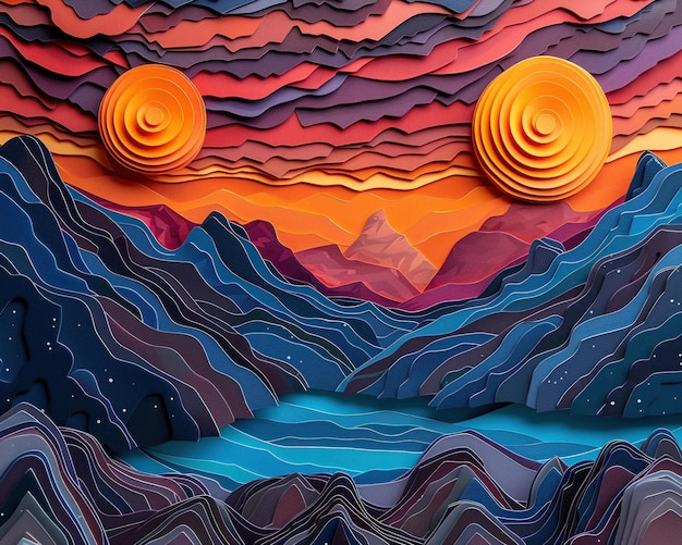 Alien planet 3D paper cut space exploration textured landscape twin suns horizon