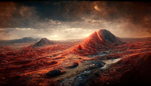 Foto pianeta alieno e il suo paesaggio che brilla di cielo arancione