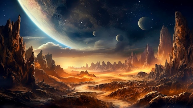 Alien Planet Landscape at Sunset met Majestic Moon gemaakt met Generative AI technologie
