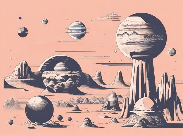 Photo alien planet landscape in retro dotwork style vector illustration