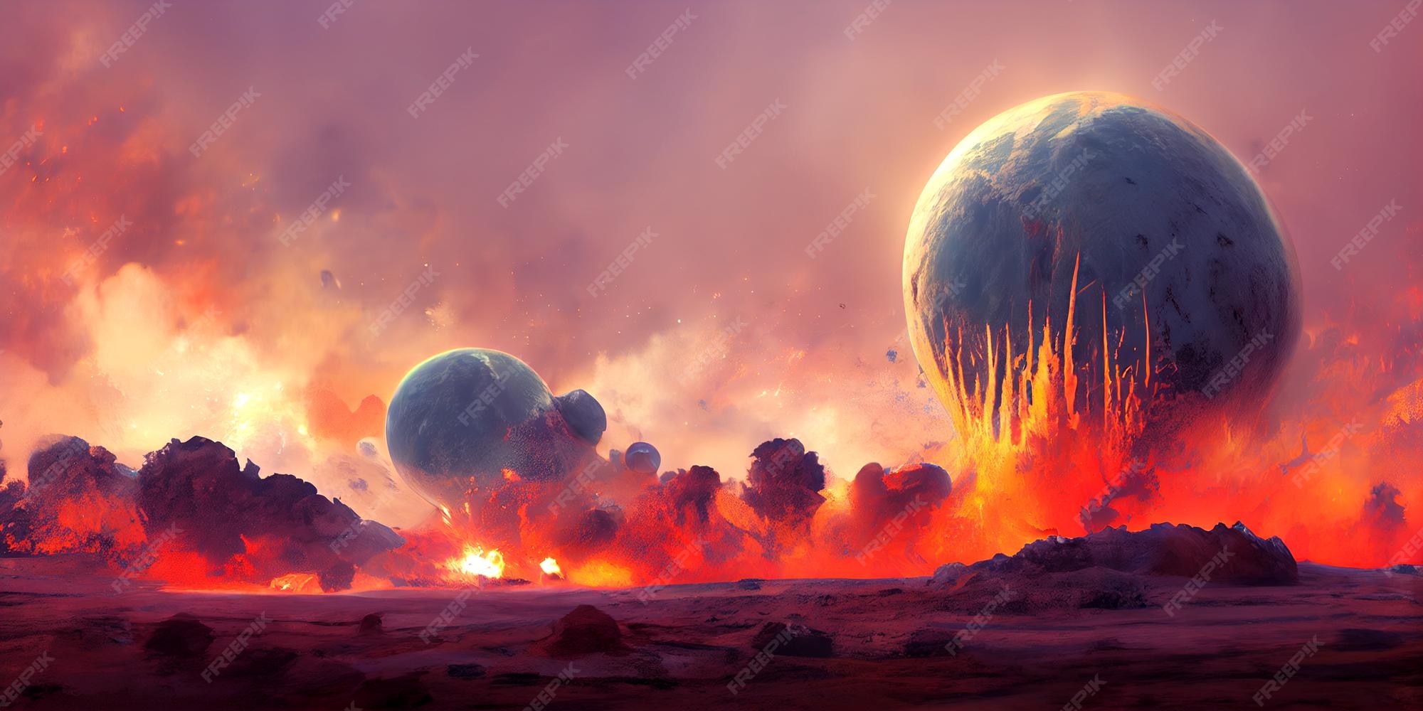 Premium Photo Alien landscape with exploding satellite