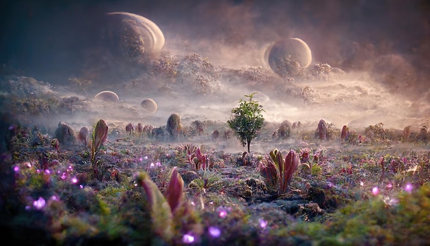 Alien planet landscape with fantasy plants magical trees and glowing flowers