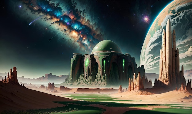 Alien planet landscape with high tech structures digital art magical game wall art background Generative AI