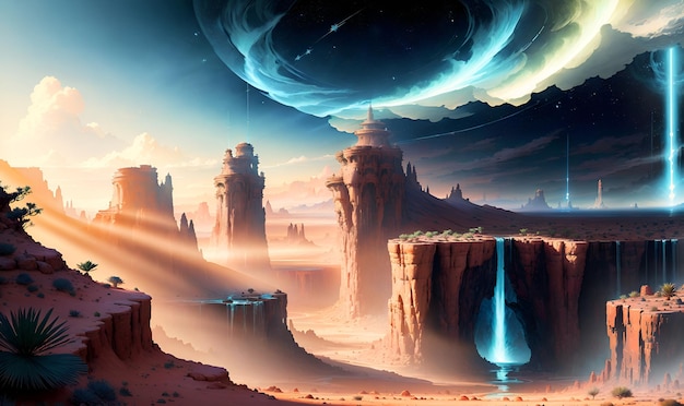 Alien planet landscape with high tech structures digital art magical game wall art background Generative AI