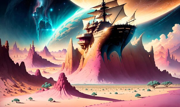 Alien planet landscape with high tech structures digital art magical game wall art background Generative AI