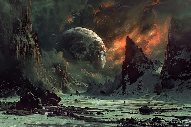 alien planet landscape with large moon mountains and glowing rocks