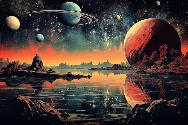 Alien planet landscape with mountains and moon over horizon in retro style