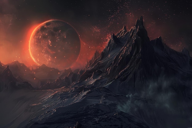 外星人星球景觀,紅色月亮和山脈
