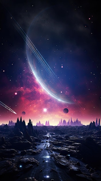 Alien Planet landschap desktop achtergrond behang Rocky Terrain Auroras Flora en komeet