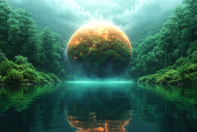 Alien planet rising out of the lake abstract fantasy landscape