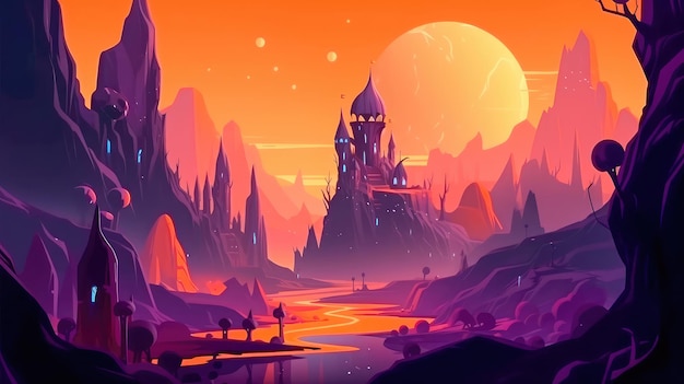 Alien planet with fantastic landscapes and enchanted castles Generative AI