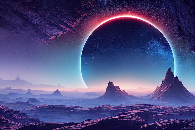 Photo alien planet with frozen ice rocks under the night sky with glowing and shining moon sphere 3d illustration