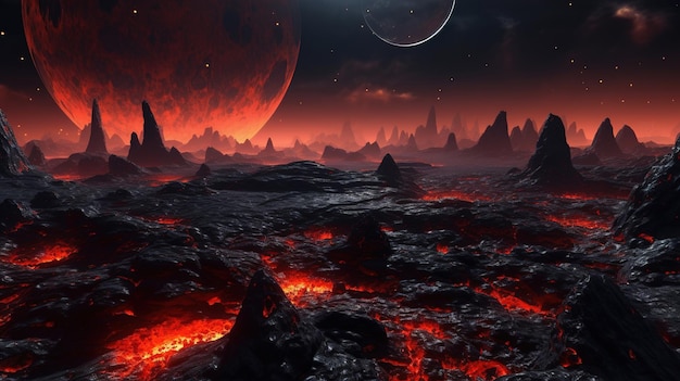 Alien planet with lava and magma