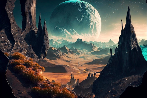 ジェネレーティブ AI 技術で作成された月と山を持つエイリアンの惑星
