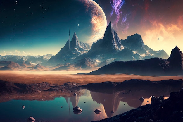 Alien planet with a moon and mountains created with generative ai technology