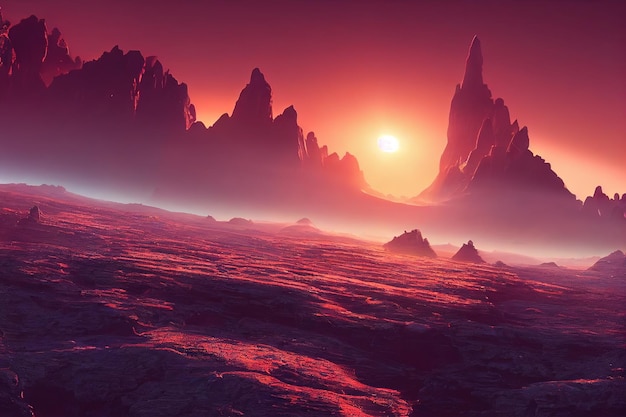 Alien planet with orange red rocks under bright night sky with\
glowing and shining sphere 3d illustration