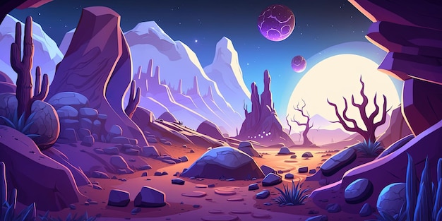 Alien planet with purple soil 2D game background illustration of scenery for space game AI