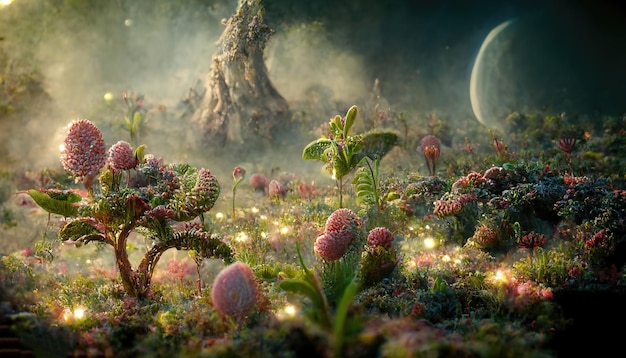 Alien planet with trees and glowing flowers