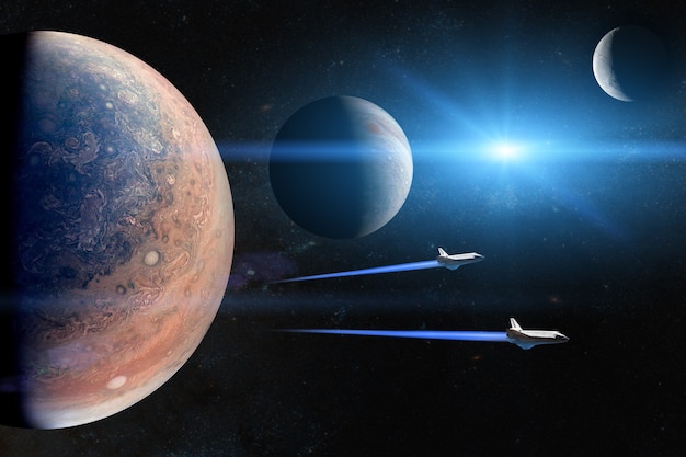 Alien planets with space shuttles taking off on a mission