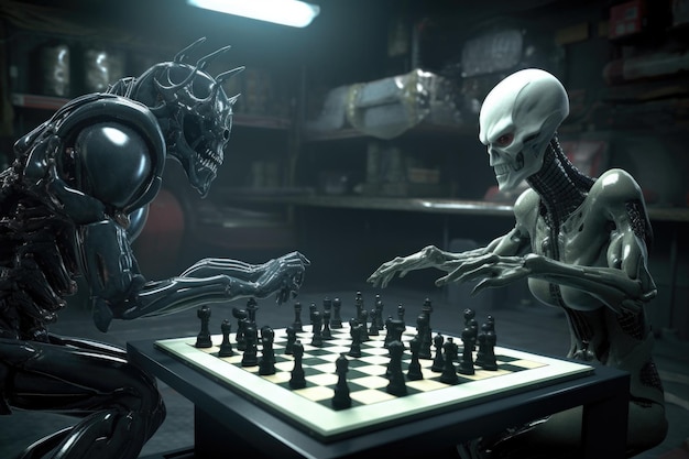 Alien playing chess with human opponent in futuristic space setting created with generative ai