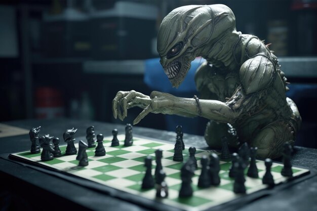 Alien playing game of chess with pieces in hand created with generative ai