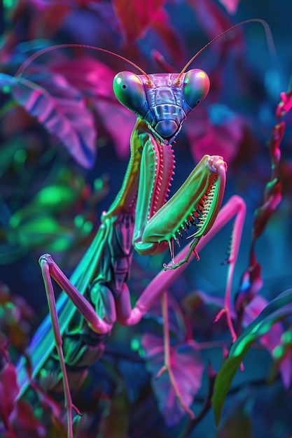 Photo alien praying mantis neon jungle