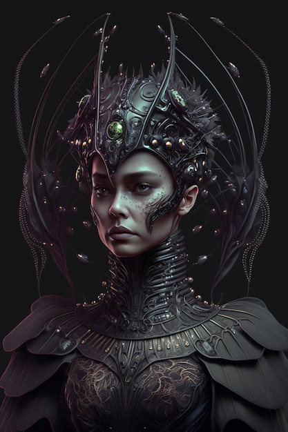 Alien queen of fantasy World portrait of young woman in bizarre outfit generative AI