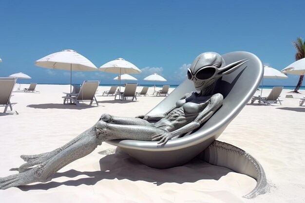 Alien relaxing and sunbathing at the white sandy beach tropical luxury resort character illustration generative ai