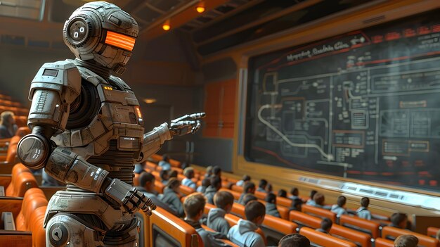 Alien Robot Speaking to an Audience in a Futuristic Auditorium