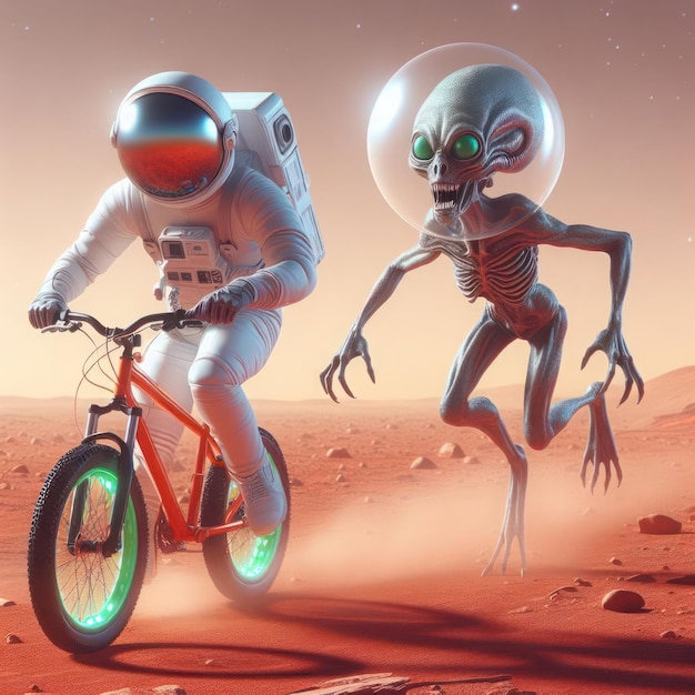 An alien runs after an astronaut on a bicycle