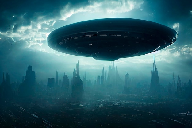 An alien saucer hovering over the city UFO alien invasion unidentified flying object visitors