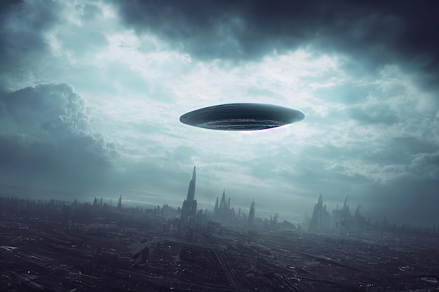 An alien saucer hovering over the city UFO alien invasion unidentified flying object visitors